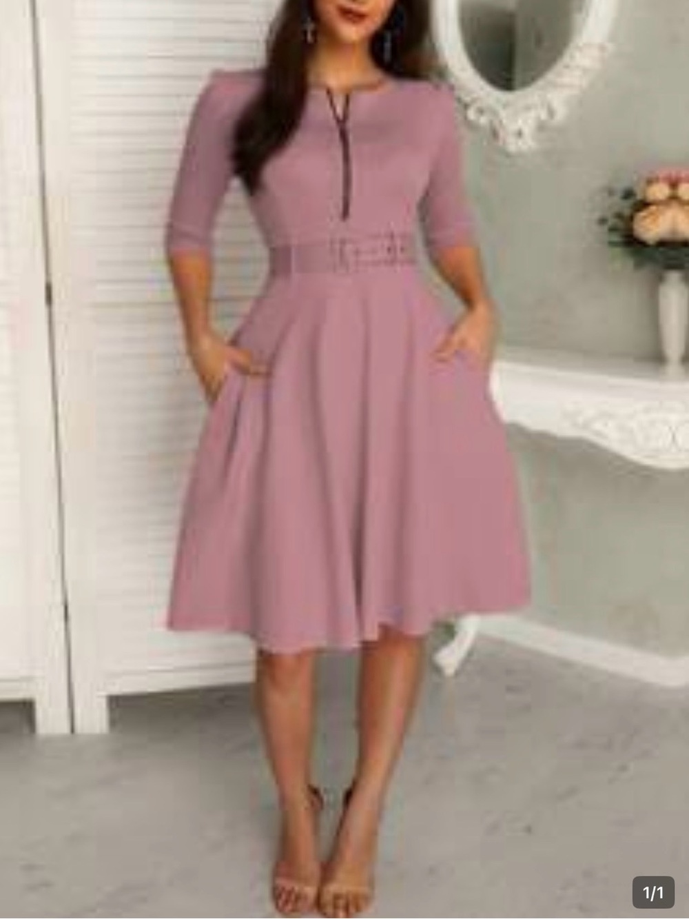 chic Mauve Belted Midi Dress with Pockets